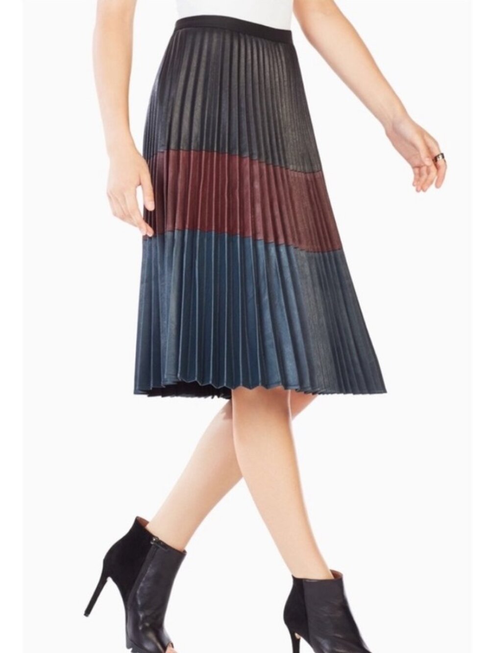 BCBGMAXAZRIA Elsa Pleated Colorblock Faux Leather Skirt size M